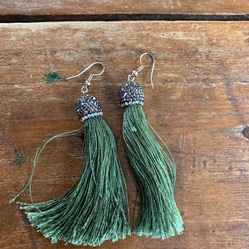 Sage green and marcasite rhinestone tassel earring